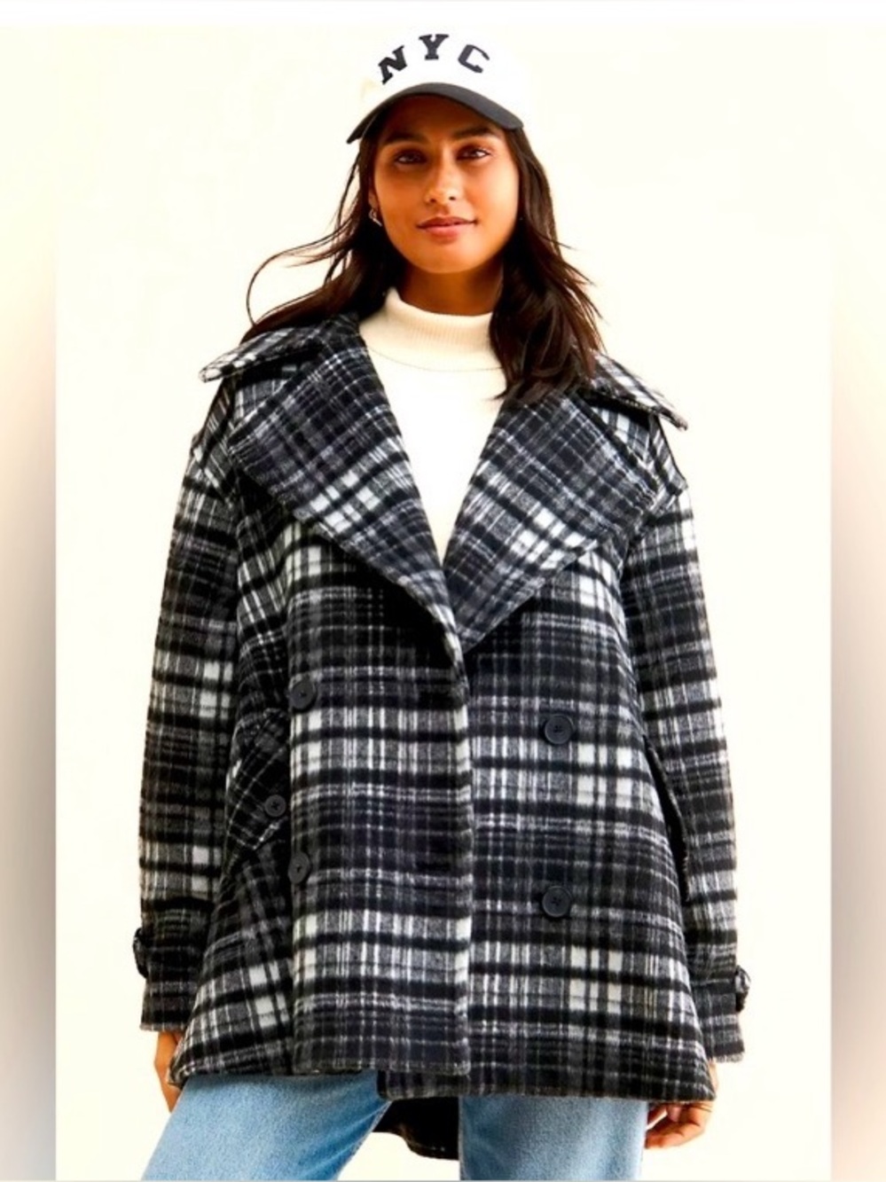 Free People Highlands Wool Peacoat Black & White Plaid Double-Breasted Size L